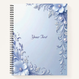 Caderno com Flores Ornamentadas Azuis e Pérolas
