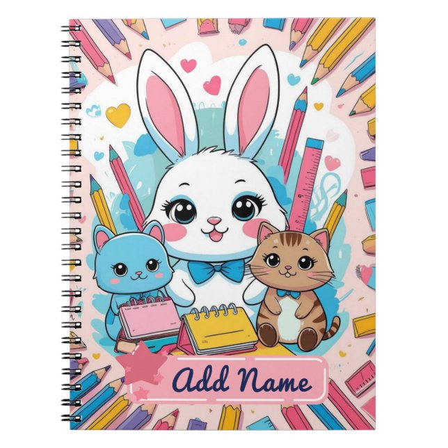 Caderno de Coelhos & Gatos Fofos – Nome Editável (Frente)