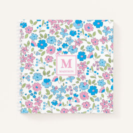 Caderno de Monograma Floral Rosa Azul Diário