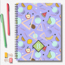 Caderno Escolar com Padrão Roxo Frutas Memphis