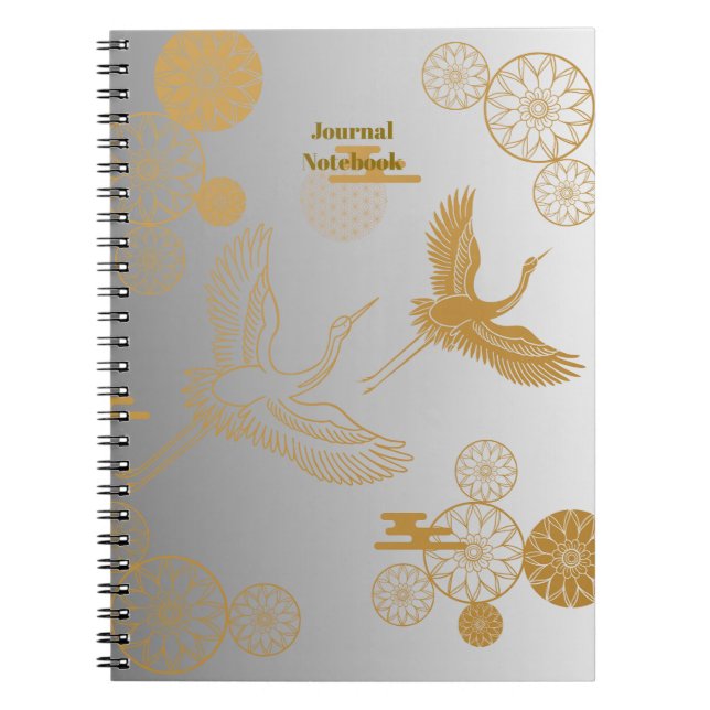 CADERNO ESPIRAL 縁起の良い金色の日本の鶴模様《白×シルバー》ジャーナル (Frente)