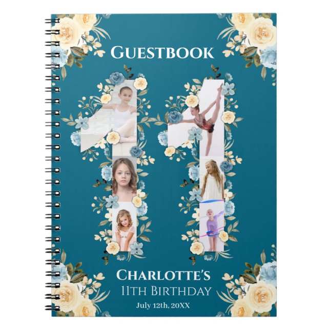 Caderno Espiral 11 Birthday Foto: Teal Yellow Flower Guest Book (Frente)