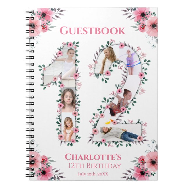 Caderno Espiral 12 Birthday Girl Foto Collage Pink Flower White (Frente)