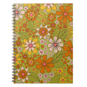 Caderno Espiral 1960, 1970 Retro Floral Verde e Laranja