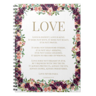 Caderno Espiral 1 Corinthians 13 Bíblia de amor Verse Burgundy Flo