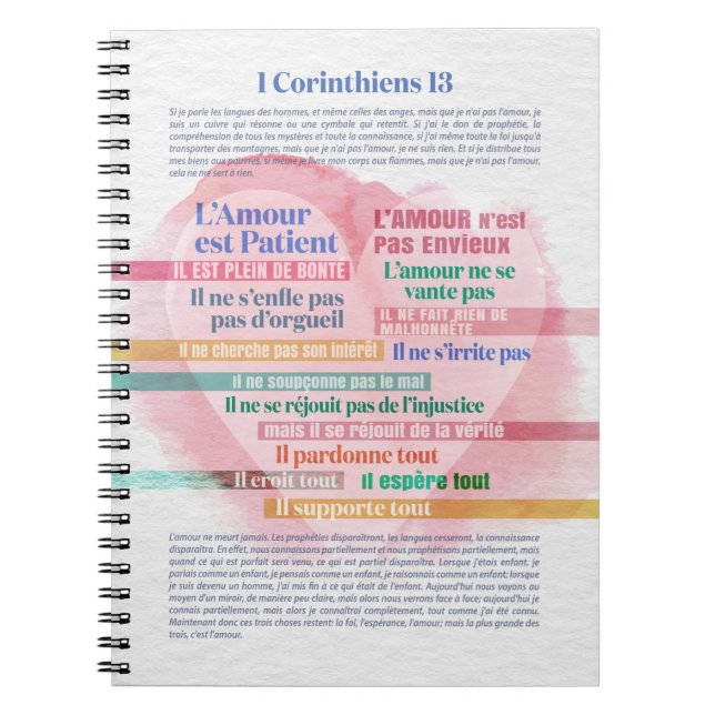 Caderno Espiral 1 Corinthiens 13, Hymne à l’Amour (Frente)