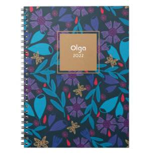 Caderno Espiral 2022 costume floral moderno da noite azul 