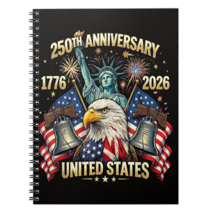 Caderno Espiral 250 Anos de Aniversário Americano 1776-2026 Bandei