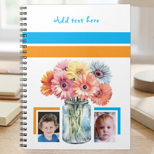 Caderno Espiral 2 flores de texto personalizado azul laranja