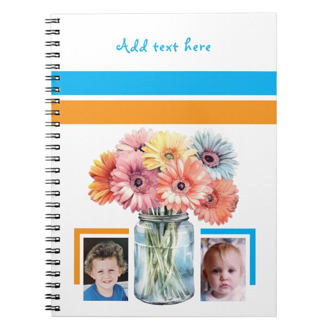 Caderno Espiral 2 flores de texto personalizado azul laranja (Frente)