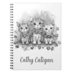 Caderno Espiral 3 Nome personalizado de gatinhos pretos e brancos