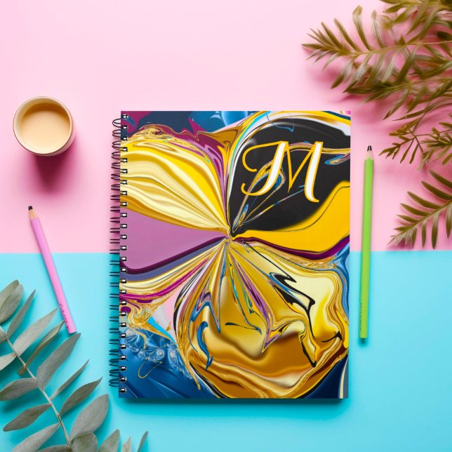 Caderno Espiral 3D Monograma Dourado com Flor Roxo Abstrato liquef (Criador carregado)