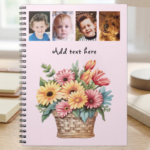 Caderno Espiral 4 fotos texto personalizado flores de gerbera rosa