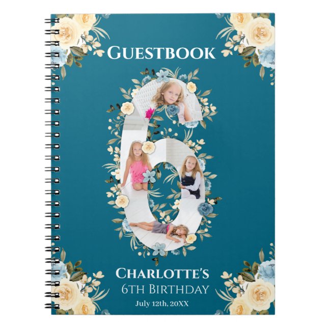 Caderno Espiral 6 Birthday Foto: Teal Yellow Flower Guest Book (Frente)