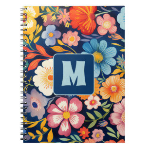 Caderno Espiral 70s 60s Monograma Floral Retro Azul e Laranja