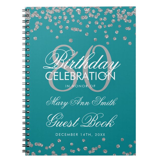 Caderno Espiral 80 de Aniversário do Silver Teal Confetti (Frente)