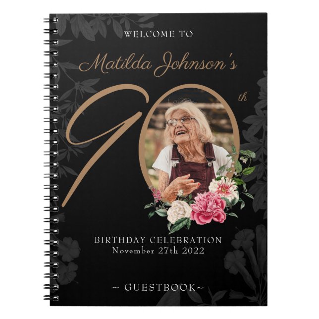 Caderno Espiral 90 Birthday Guestbook Black Dourado Foto Floral (Frente)