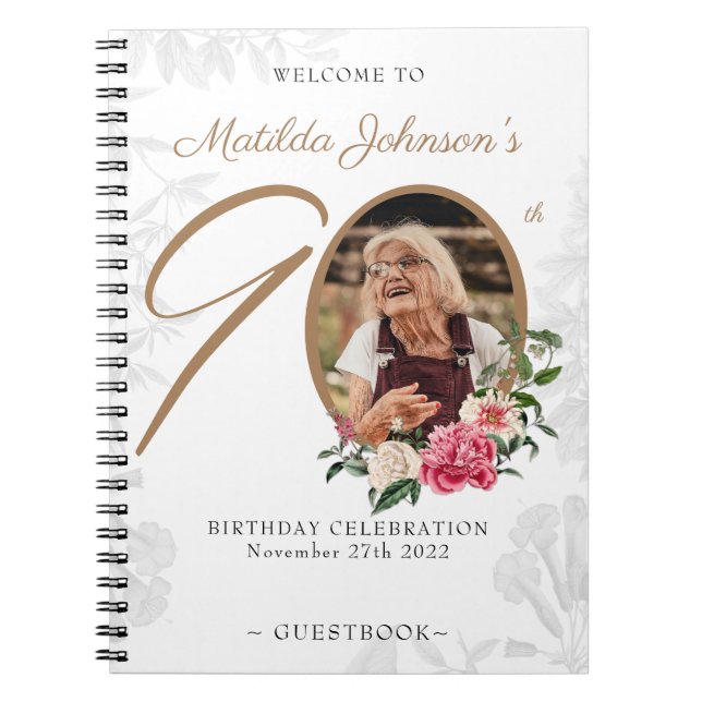 Caderno Espiral 90 Birthday White Dourado Guestbook Foto Floral (Frente)