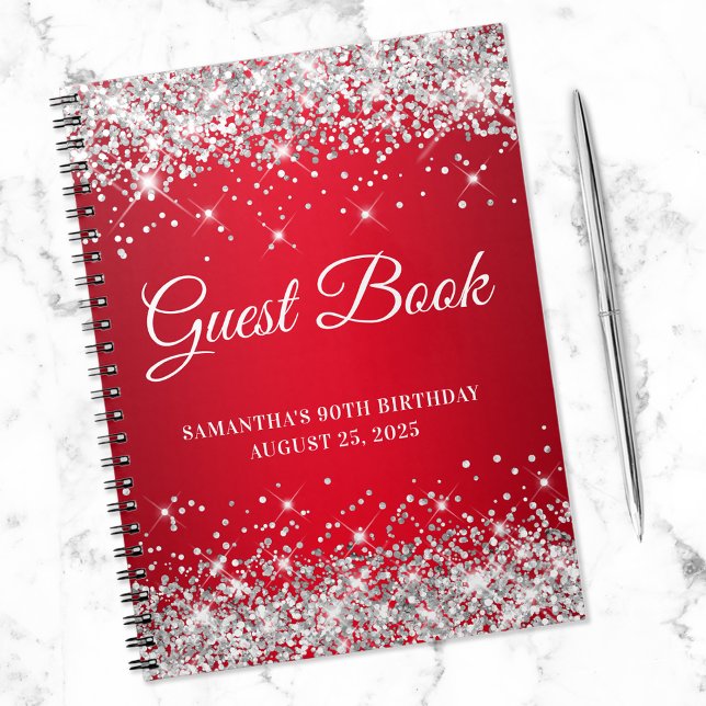Caderno Espiral 90 de Aniversário do Silver Glitter Red Ombre (Criador carregado)
