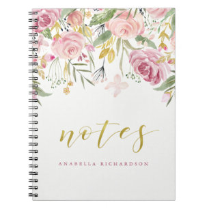 Caderno Espiral A aguarela floresce notas florais cor-de-rosa e