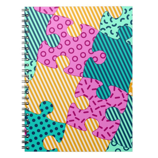 Caderno Espiral A faixa com quebra-cabeça geométricos, Memphis bac (Frente)