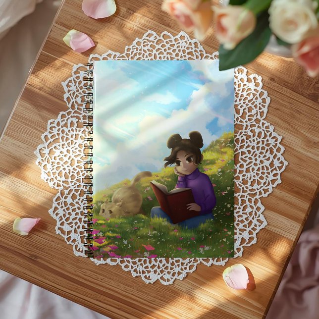 Caderno Espiral A garota leitora e o notebook de gato entediado (Criador carregado)