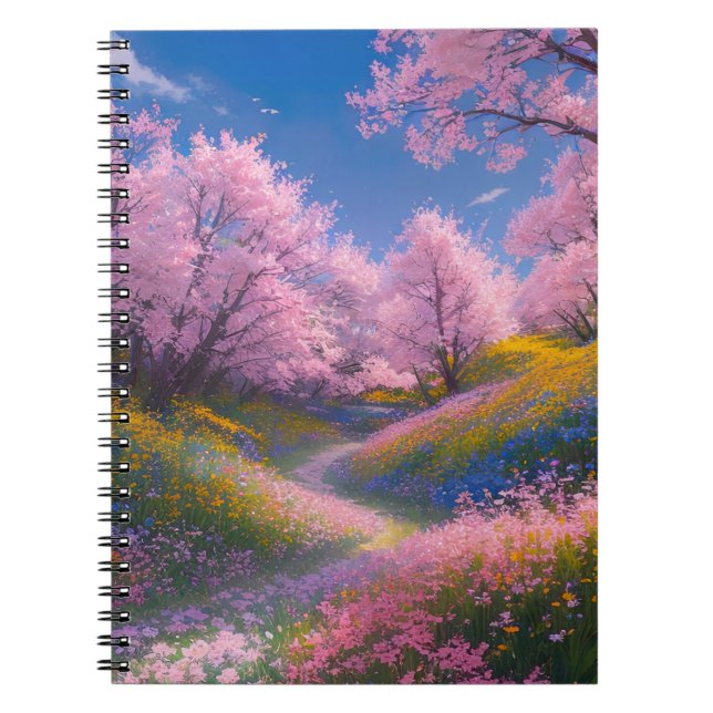 Caderno Espiral A magnífica Árvore Sakura no campo florescente (Frente)