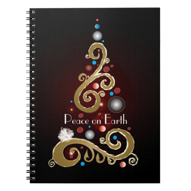 Caderno Espiral A paz na Terra com a árvore de Natal dourada (Frente)