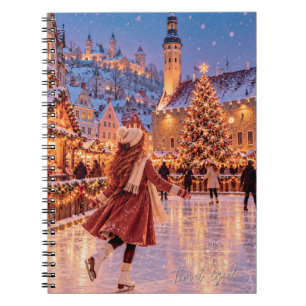 Caderno Espiral A Pequena Garota Viajante Patinação de Natal em Ta