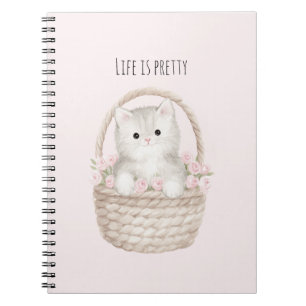 Caderno Espiral A vida é Pretty Kitty em um cesto de rosas cor de 