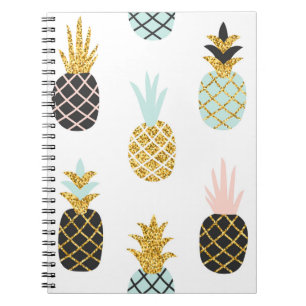 Caderno Espiral Abacaxi com brilho dourado, padrão criativo.