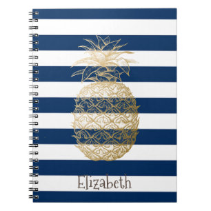 Caderno Espiral Abacaxi Dourado Listras Azul-Marinho
