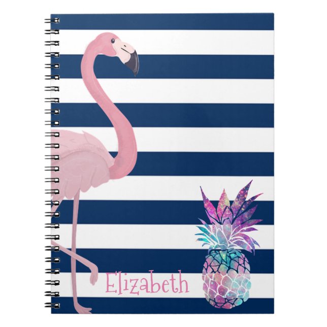 Caderno Espiral Abacaxi, Flamingo Marinho Azul Stripes Personaliza (Frente)