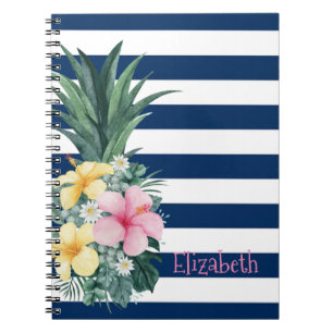 Caderno Espiral Abacaxi Flores Tropicais Listras Azul Marinho