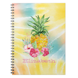 Caderno Espiral Abacaxi, Hibisco Tinta Dye Colorido Aquarela