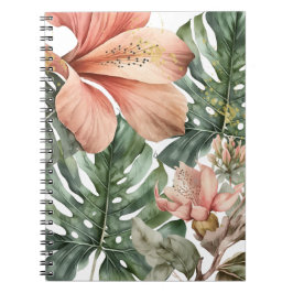 Caderno Espiral Abaulações Florais de Selva de Água Pêssego Verde 