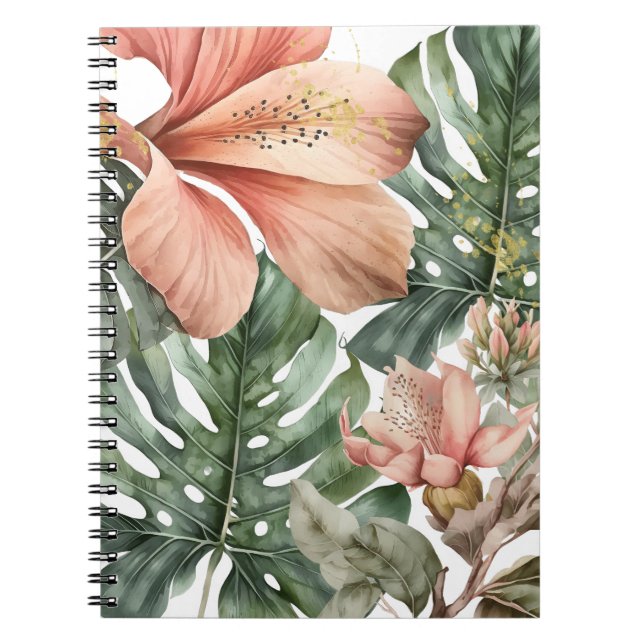 Caderno Espiral Abaulações Florais de Selva de Água Pêssego Verde  (Frente)