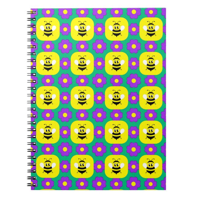 Caderno Espiral Abehas de desenho animado e flores (Frente)