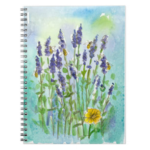 Caderno Espiral Abejas Lavanda Aquarela Flores Azul Turquesa
