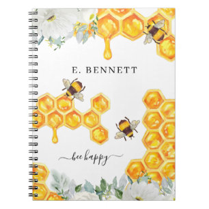 Caderno Espiral Abelha Bumble Floral Honeycomb   Diário de Monogra