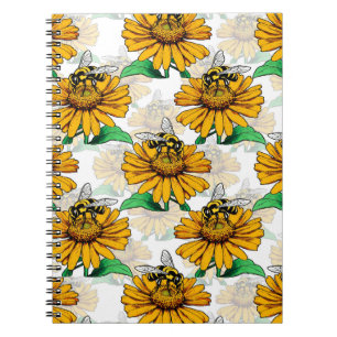 Caderno Espiral Abelha na Design de padrão de flores de girassol