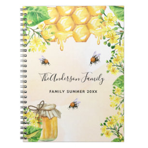 Caderno Espiral Abelhas-de-banho, mel, amarelo, floral, monograma