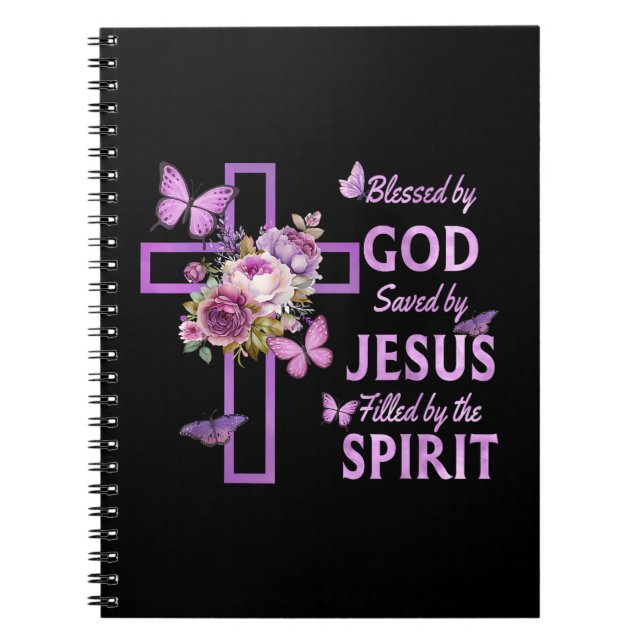 Caderno Espiral Abençoado por Deus Salvo pela Cruz Floral Purple d (Frente)