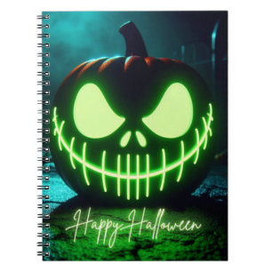 Caderno Espiral Abóbora de Halloween assustadora com brilho verde