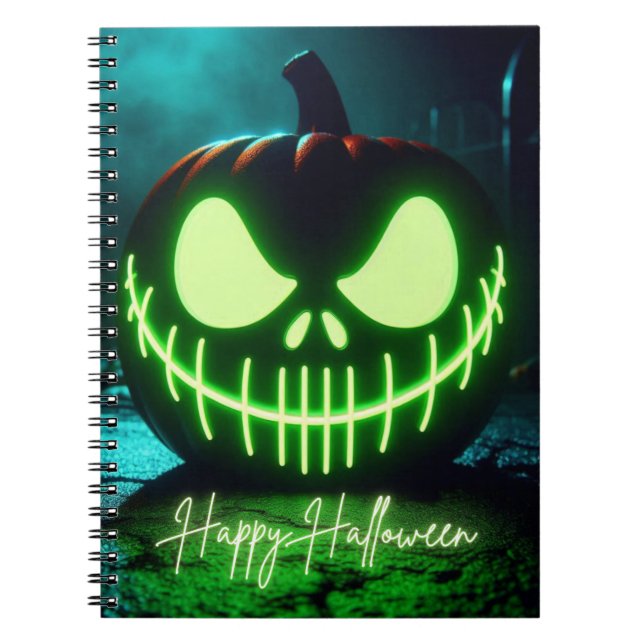 Caderno Espiral Abóbora de Halloween assustadora com brilho verde (Frente)
