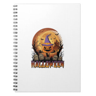 Caderno Espiral Abóbora de Halloween Bruxa Gato Preto Lua Cheia_1