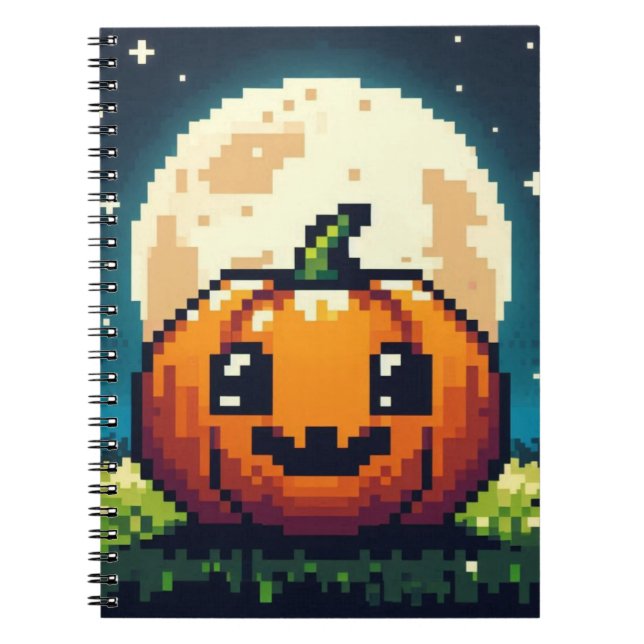 Caderno Espiral Abóbora de Halloween de 8 bits sob a lua (Frente)