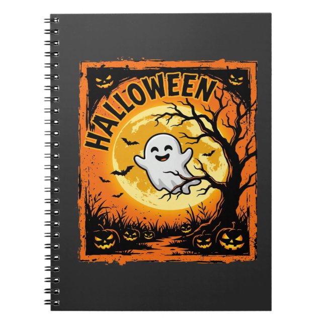 Caderno Espiral Abóbora Fantasma de Halloween Árvore Assombrada (Frente)