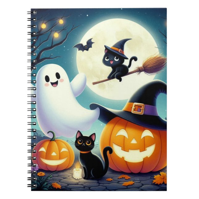 Caderno Espiral Abóbora, gata e fantasma do Halloween (Frente)
