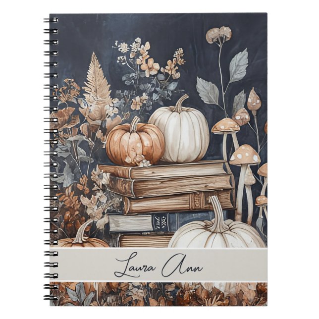 Caderno Espiral Abóbora Personalizada, Livros e Flores Caem (Frente)